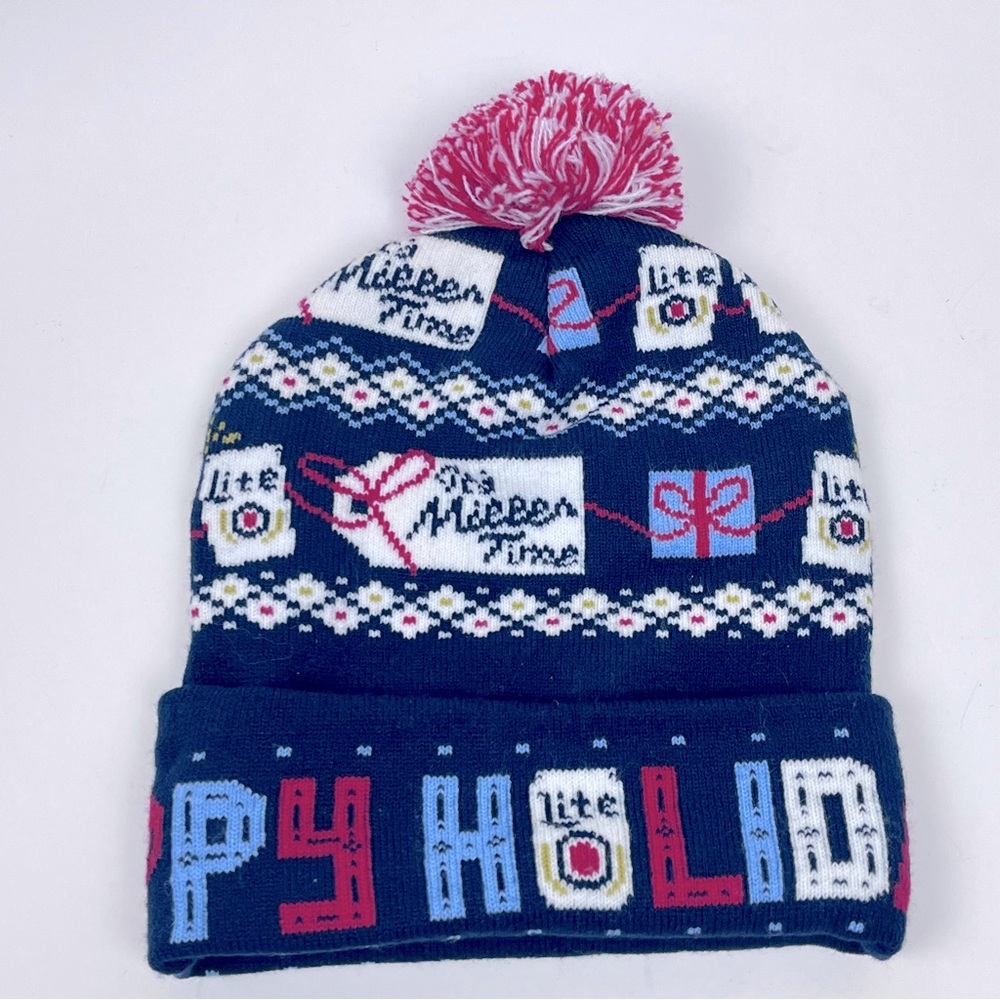 Miller High Life Beer Happy Holidays Knit Pom Pom Beanie OS; Miller Time